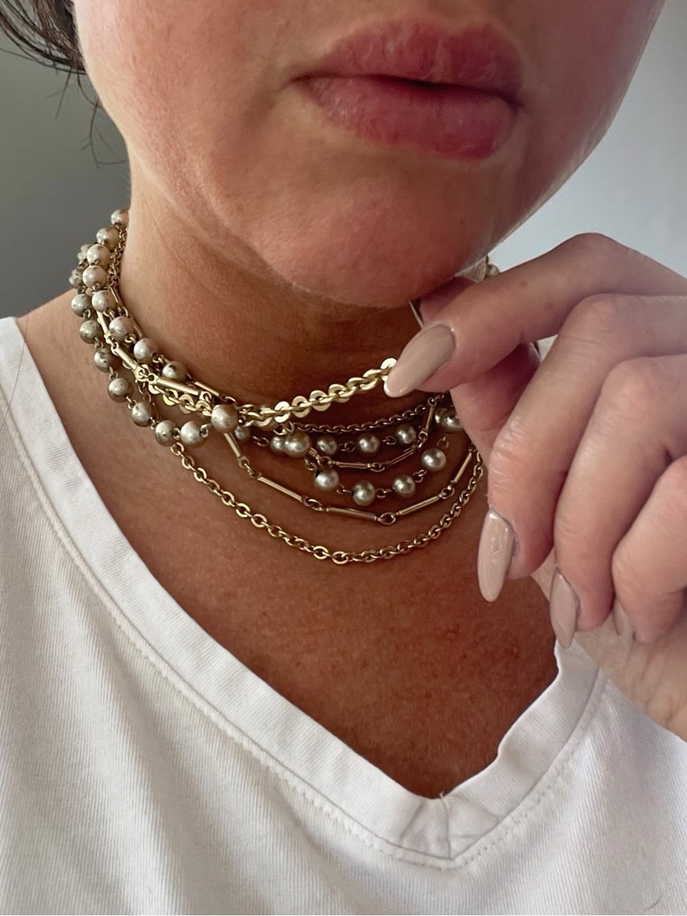 Vintage 7 Strand Faux Pearl Gold Tone Layered Choker Necklace